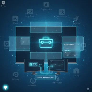 A neon blue, futuristic UI showing Mouse Without Borders across multiple monitors.