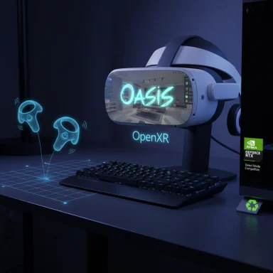 Futuristic VR workspace featuring an OpenXR Oasis headset with glowing holographic controls.