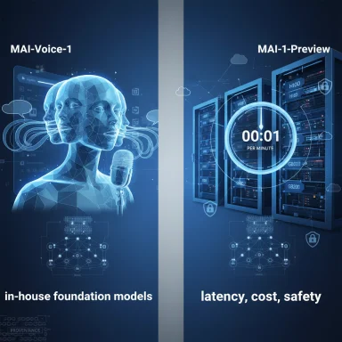 Split-screen AI: voice interface on the left, server latency and safety metrics on the right.