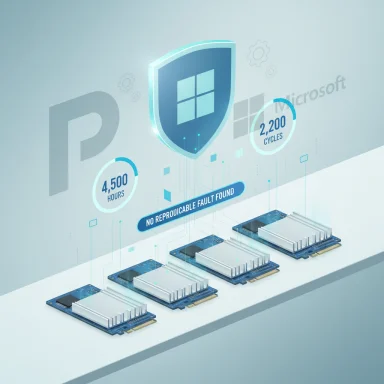 Futuristic infographic of SSDs under a Windows shield with 'No Reproducible Fault Found.'