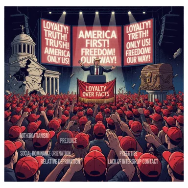 Trump addresses a sea of red-hatted supporters as banners proclaim 'Loyalty Over Facts' and 'America First.'