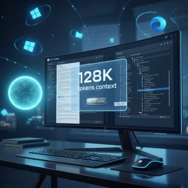 Futuristic workstation with a monitor showing a 128K tokens context for GPT-4 Turbo.