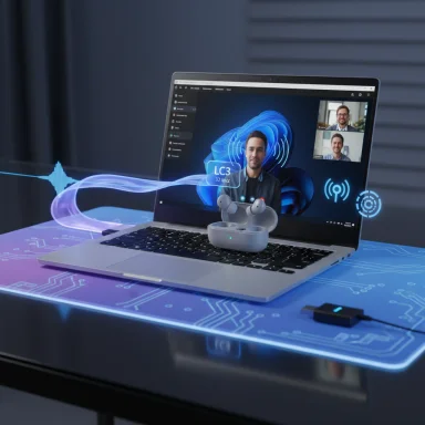 A futuristic laptop video call with wireless earbuds resting on a glowing tech desk.