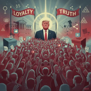 A large rally with a suited leader under Loyalty and Truth banners, surrounded by a cheering crowd. A large rally with a suited leader under Loyalty and Truth banners, surrounded by a cheering crowd.