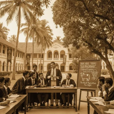 Group of students in suits conduct a viva voce outdoors beside a chalkboard advertising Old Macdonald Night.