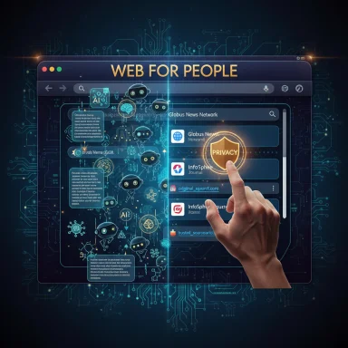 Futuristic web UI labeled 'WEB FOR PEOPLE' with AI bots and a finger tapping a privacy shield.