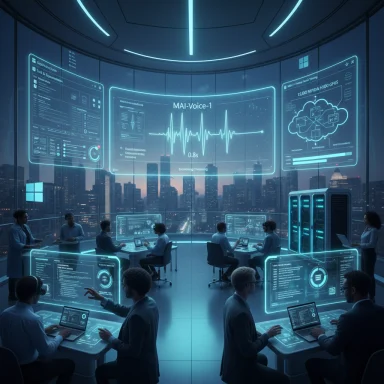 Futuristic command center with holographic dashboards overlooking a neon-lit city skyline.