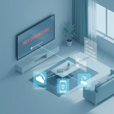 Living room with a TV showing “NOT CONNECTED” and floating cloud sync icons.