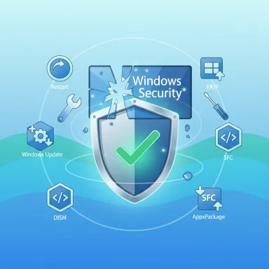 Windows Security illustration featuring a shield with a green check and repair icons.