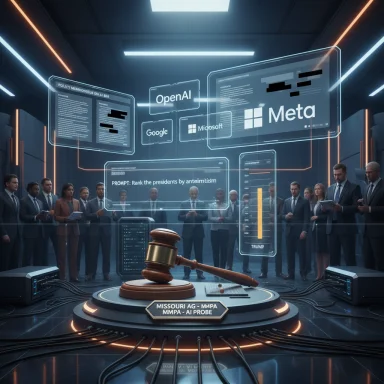 Futuristic courtroom with holographic AI dashboards and a central gavel.