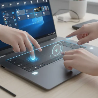 Two hands navigate holographic touch controls on a futuristic laptop.