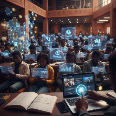 A crowded lecture hall where students use laptops amid floating holographic AI interfaces.