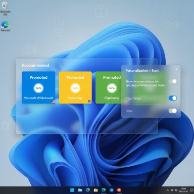 Windows 11 desktop with a floating Recommended panel showing promoted apps and a Start personalization popup.