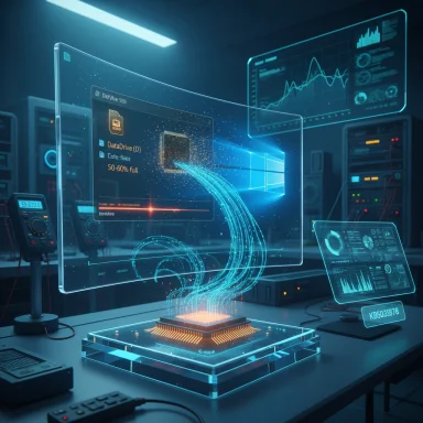 Futuristic data center with holographic screens around a glowing central processor.