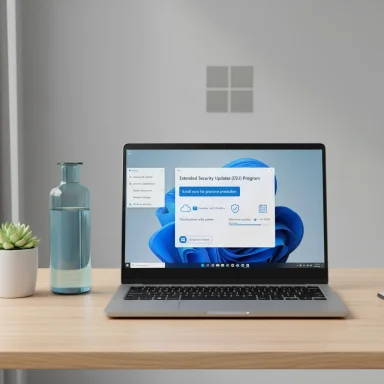 A sleek laptop on a wooden desk, with a blue glass bottle and a small succulent beside it.