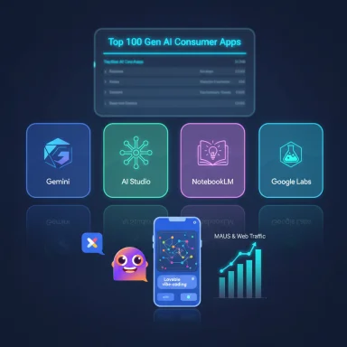 Neon holographic UI displaying top AI apps (Gemini, AI Studio, NotebookLM) with glowing icons and a mobile analytics panel.