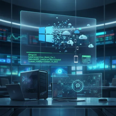 A futuristic data lab with holographic screens displaying a Windows logo and cloud icons.