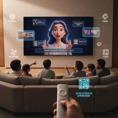 Hand holds a remote as a family watches an animated host on a large TV with floating AI UI graphics and a QR sign-in.