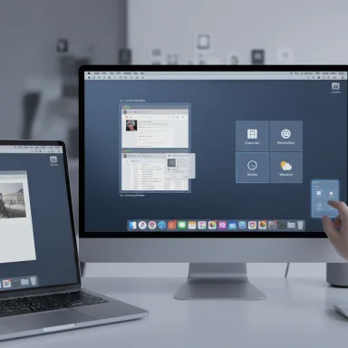 An iMac displays a grid of widgets (Calendar, Reminders, Stocks, Weather) with a laptop beside it.