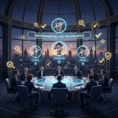 Futuristic round-table boardroom with holographic portraits discussing watermarking and provenance.