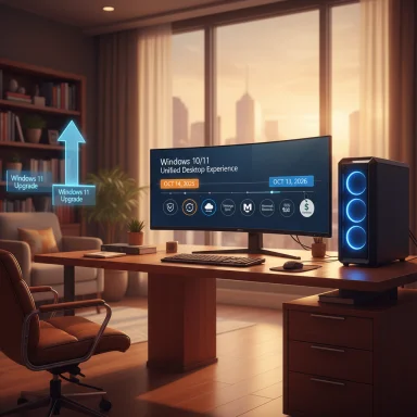 Cozy home office at sunset featuring a curved monitor, blue-lit PC tower, and Windows upgrade graphics.