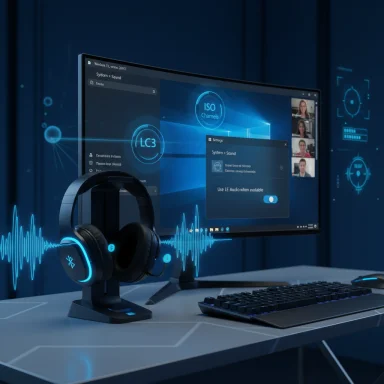 Tech workspace with a glowing blue headset, large monitor, and video conference UI.