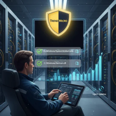 A security analyst monitors server health and threats in a data center under a glowing Trend Micro shield.