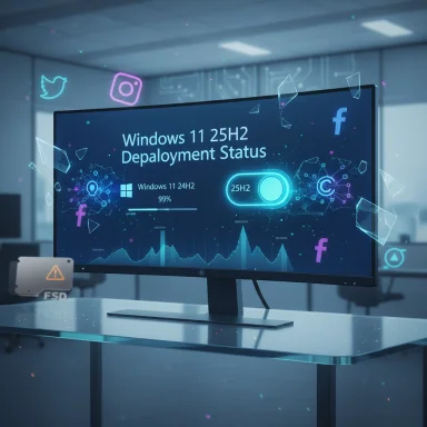 Futuristic office setup with a monitor showing Windows 11 25H2 deployment status amid neon social icons.