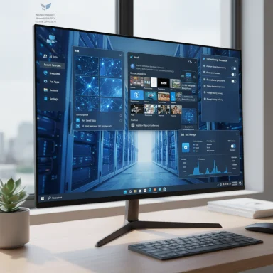 A large curved monitor on a desk displays a futuristic blue dashboard with multiple panels.