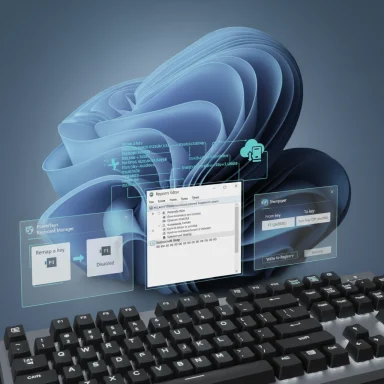 Holographic app panels hover above a keyboard, displaying a futuristic computer interface.