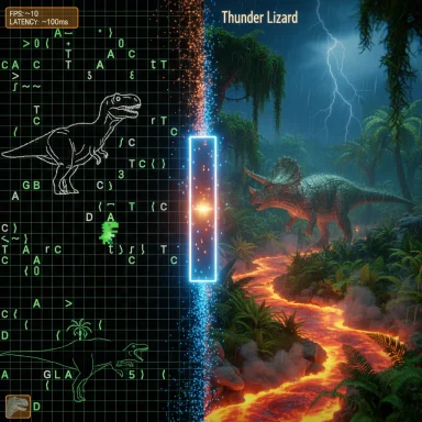 Split-screen: left shows grid-drawn dinosaurs; right reveals stormy lava jungle with Thunder Lizard.