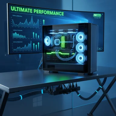 Liquid-cooled gaming PC with neon-lit fans sits under a monitor displaying “ULTIMATE PERFORMANCE.”