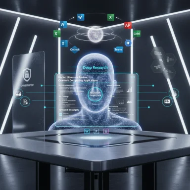 Futuristic lab with holographic dashboards and a figure labeled 'Deep Research'.