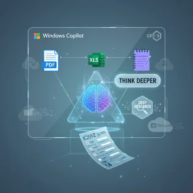 Windows Copilot guides deep research by linking PDFs, Excel, notes, and quizzes.