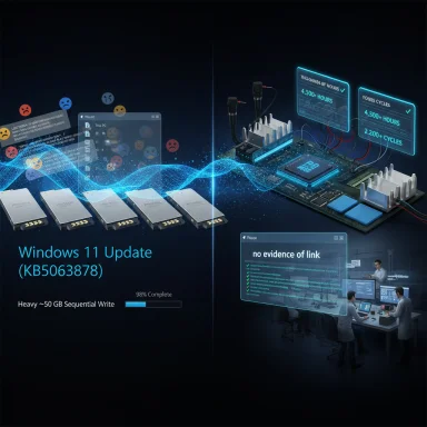 Futuristic Windows 11 update progress visualization featuring SSDs, circuit hardware, and holographic data screens.