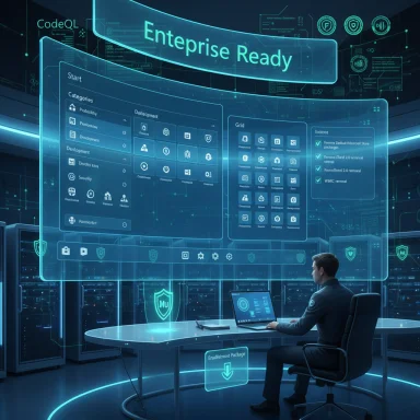 A tech professional sits at a glowing desk in a futuristic control room with holographic “Enterprise Ready” UI.