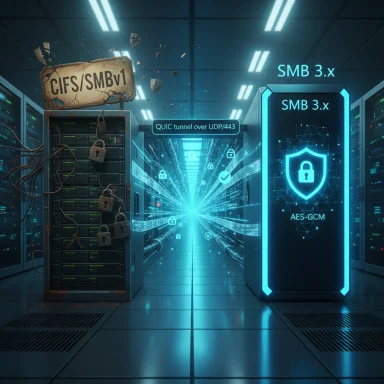 Futuristic data center showing SMBv1 on the left and secure SMB 3.x (AES-GCM) on the right.