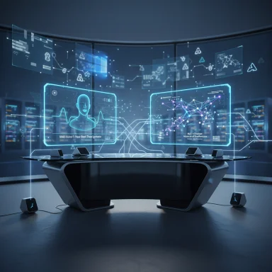 Futuristic control room with holographic screens and networked data visuals.
