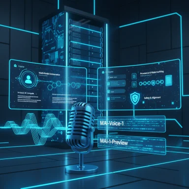 A vintage microphone amid glowing holographic screens in a neon high-tech control room.