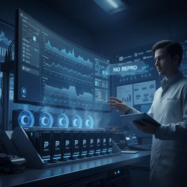 A lab scientist in a white coat analyzes data on a glowing holographic dashboard beside server racks.