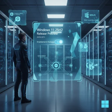 A person in a data center studies a holographic Windows 11 25H2 release preview.