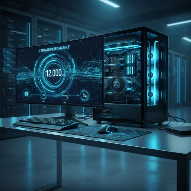 Blue-lit gaming PC with a futuristic HUD display in a server-room data center.
