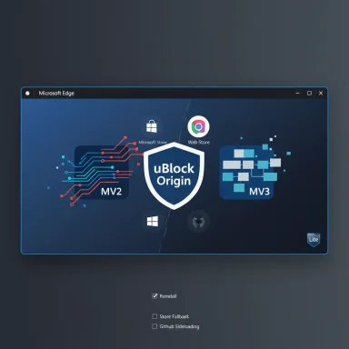 uBlock Origin launcher window with MV2 and MV3 panels and a checked Reinstall option.