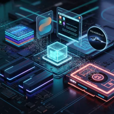 Futuristic circuit board with holographic screens, glowing components, and a Squadron 42 disc.