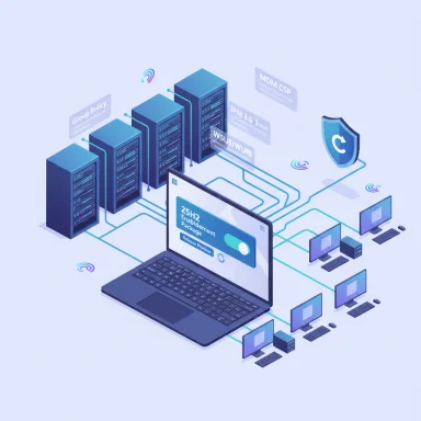 Isometric IT network with servers, workstations, and a laptop dashboard for security policies.