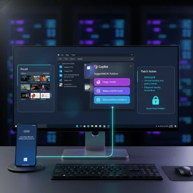Futuristic desk setup with a large monitor displaying Copilot AI actions and neon-lit cables.