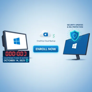 Promotional graphic for OneDrive Cloud Backup on Windows with an Enroll Now button and countdown.