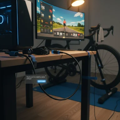A home office with a bike on a trainer and a curved monitor displaying a cycling app.