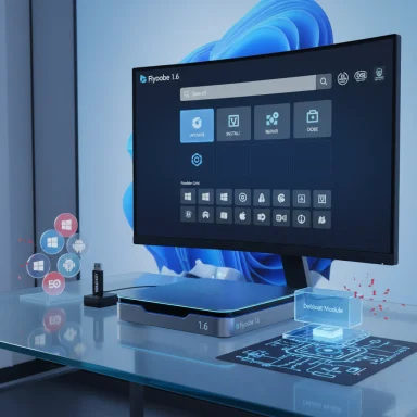 Futuristic workstation with a large monitor showing Flyobe 1.6 UI and a holographic Debloat Module.
