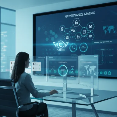 A professional sits at a glass desk with multiple transparent screens, analyzing data on a governance matrix display.